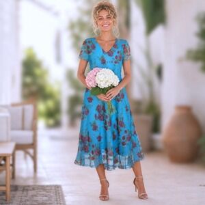 Megan Lee Sundress Womens Midi blue Flutter Sleeves vNeck Lined boho flirt 16P